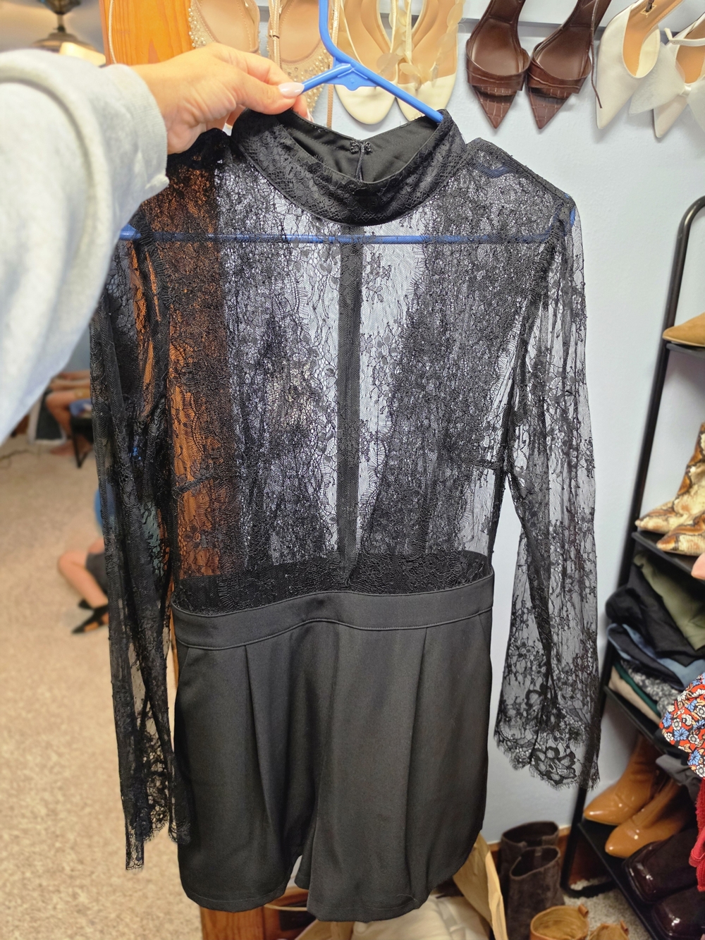 Aakaa Black Lace Shorts Romper with Sheer Details